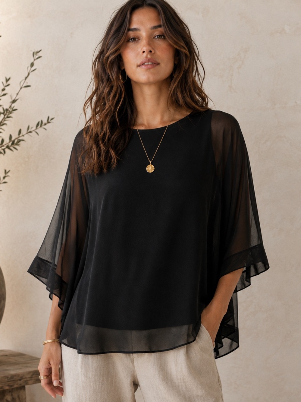 Zara Black Sheer Overlay Blouse Flowy Wide Sleeve Top